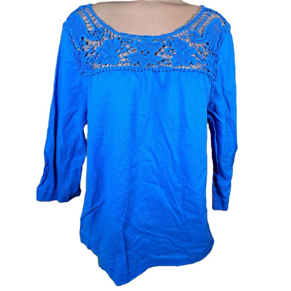 Gap‎ Womens Cobalt Blue Crochet Lace Yoke Cotton Blouse 3/4 Sleeve Size M